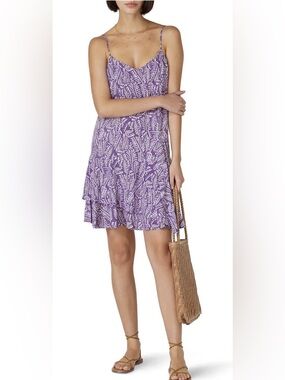 Thakoon Collective Purple Palm Print Tiered Slip Mini Dress Sz 8